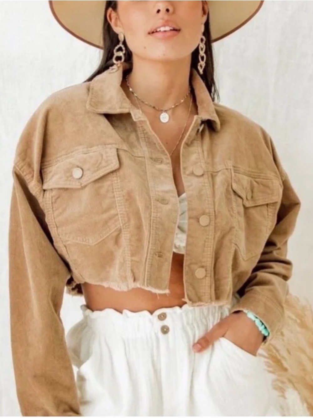 12th Tribe Cropped Teddy Corduroy Jacket in Camel Brown - Picture 3 of 6